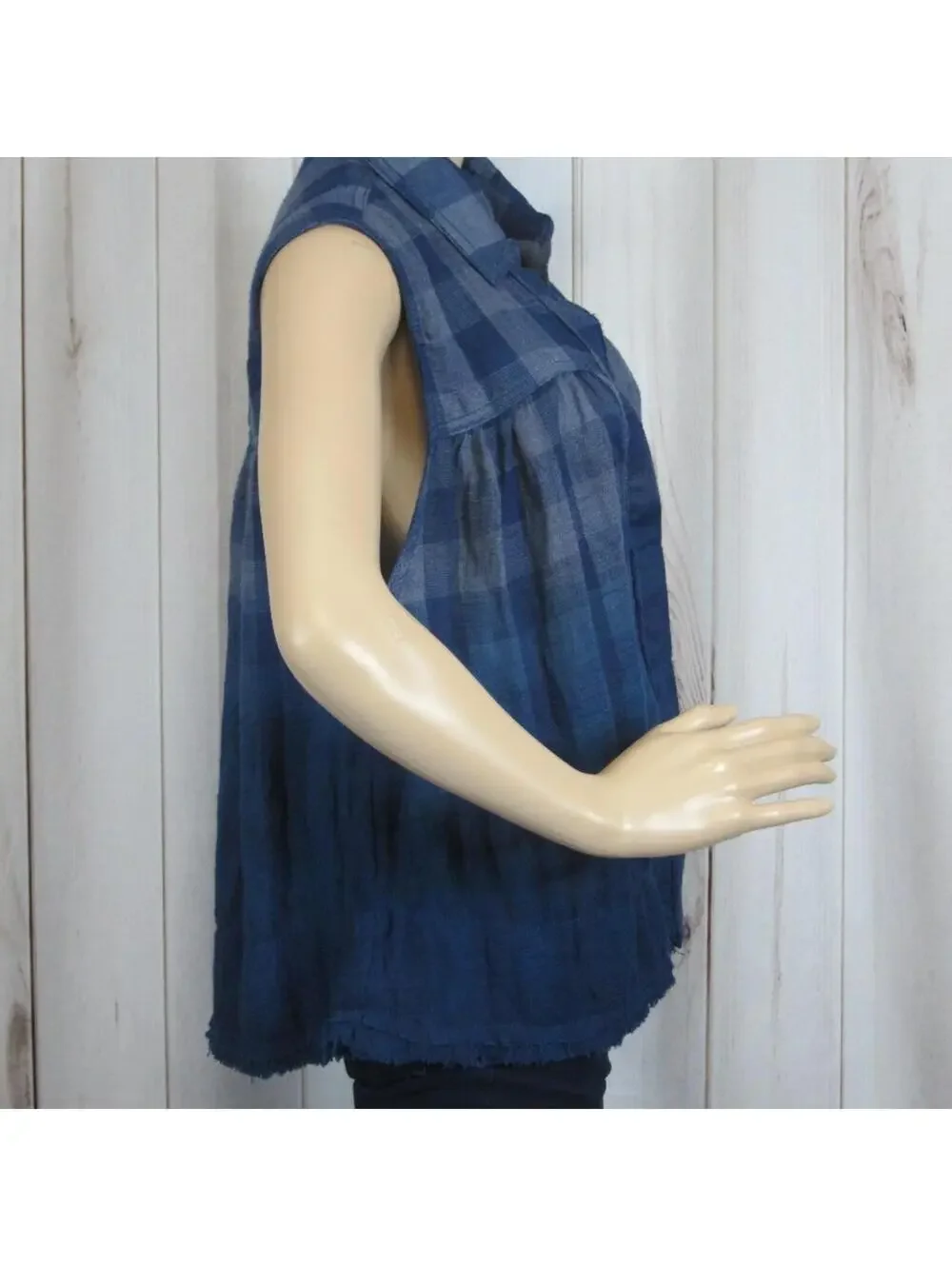 NWT Free People Blue Plaid Tank Top Small Ombre Gingham Sleeveless Button Blouse